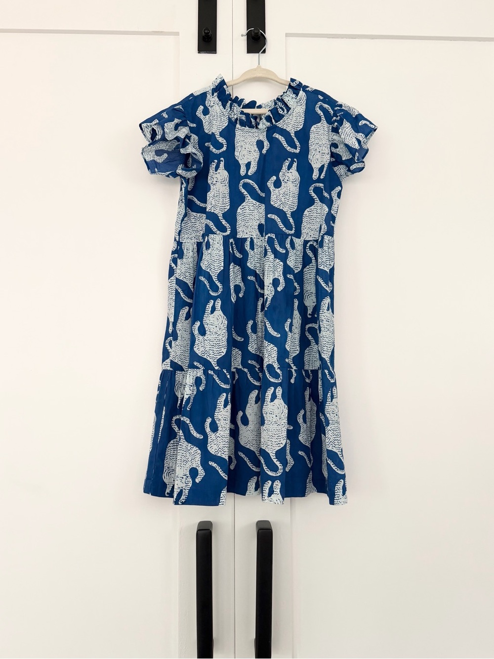 Girls Blue Cat-Print Tiered Casual Dress